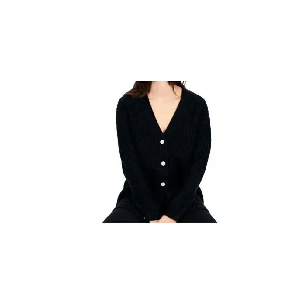 INC INTERNATIONAL CONCEPTS Women's Rhinestone-Button Chunky Cardigan Black Large